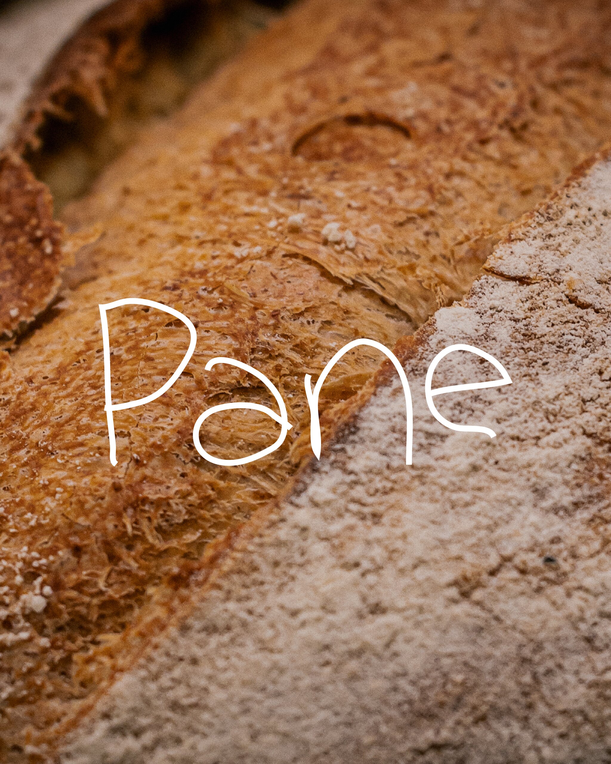 L'alfabeto scritto a mano del Vecchio Forno: la parola Pane sulla crosta di una pagnotta